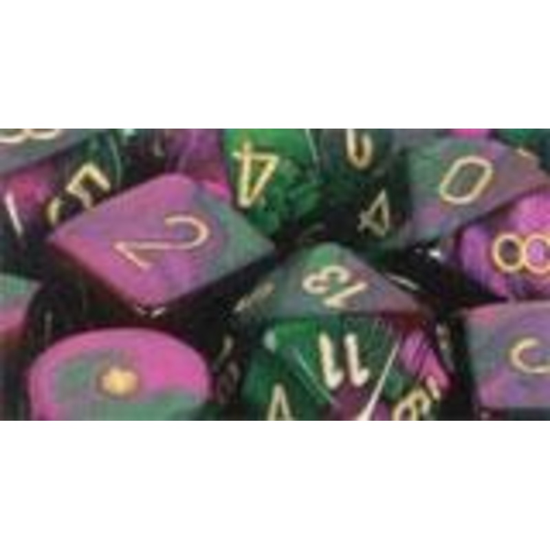 Chessex Dice: Gemini 3: 12mm D6 Green Purple Gold/Black (36)