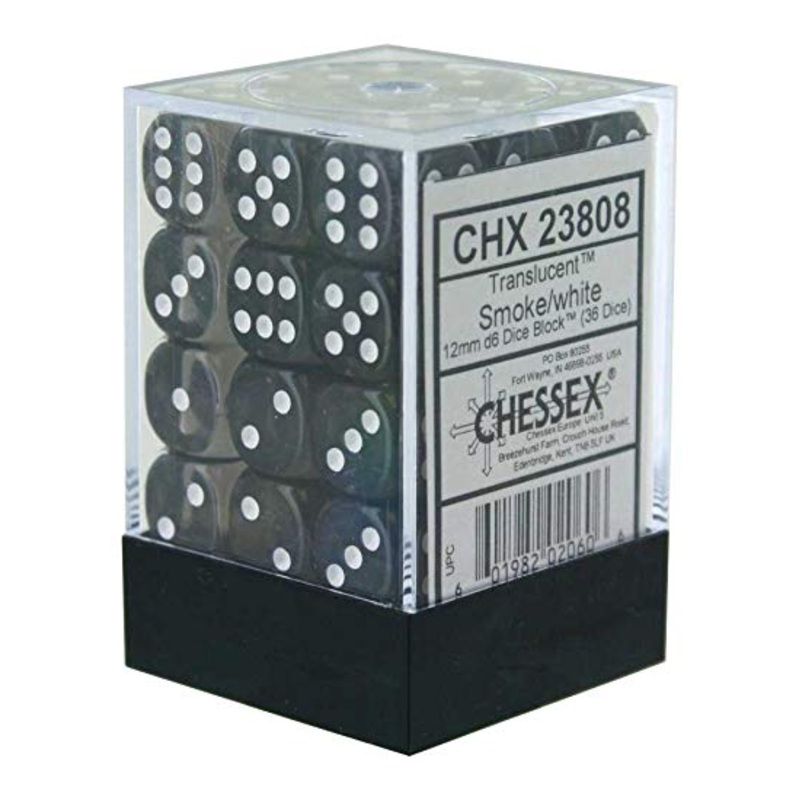 Chessex Dice: Translucent: 12mm D6 Smoke/White (36)
