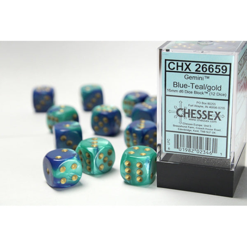 Chessex Dice: 16mm 12d6 Gemini:  Blue-Teal/Gold