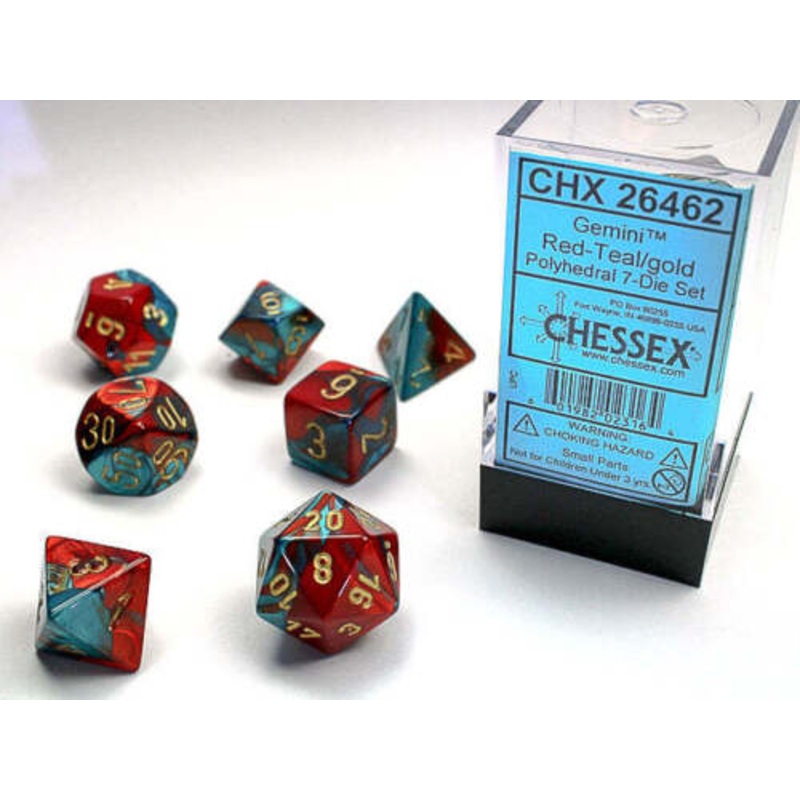 Gemini: Mini-Polyhedral Red-Teal/gold 7-Die Set