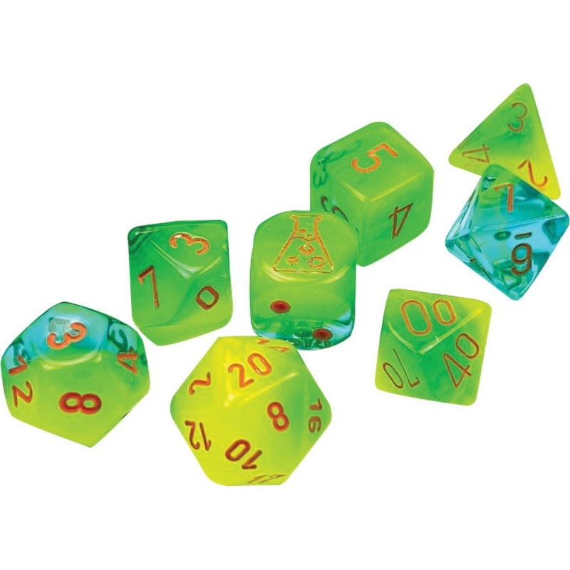 Chessex Dice: Lab Dice 5 Gemini: Poly Plasma Green-Teal/orange Luminary (7)