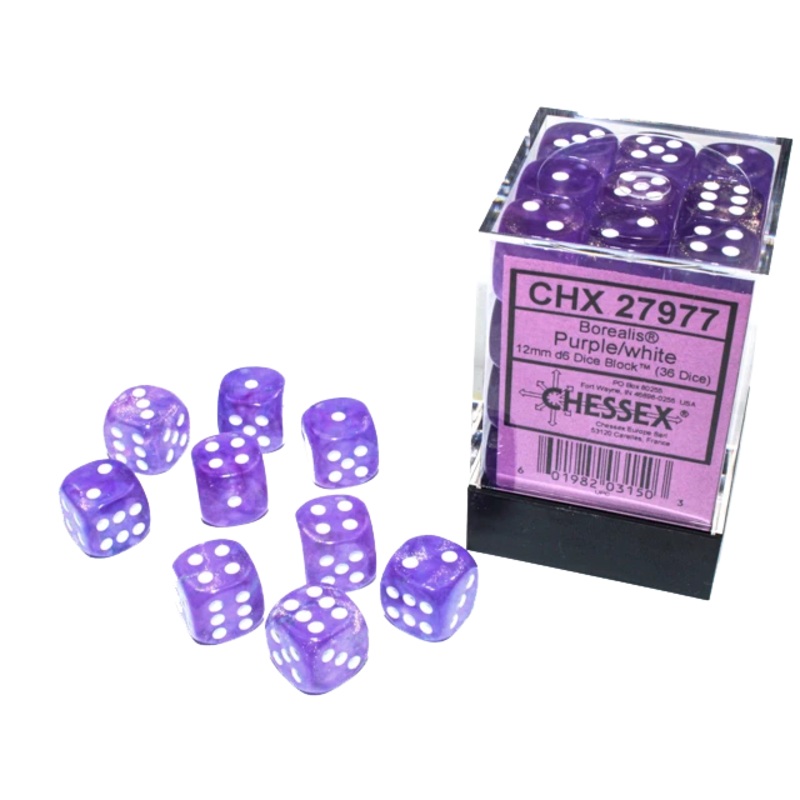 Chessex Dice: Borealis: 12mm Light Purple/white Luminary Dice Block (36)