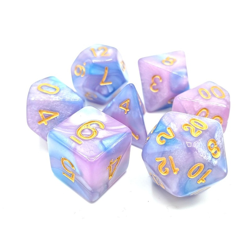 Old School 7 Piece DnD RPG Dice Set: Vorpal - Lilac & Light Blue w/ Gold