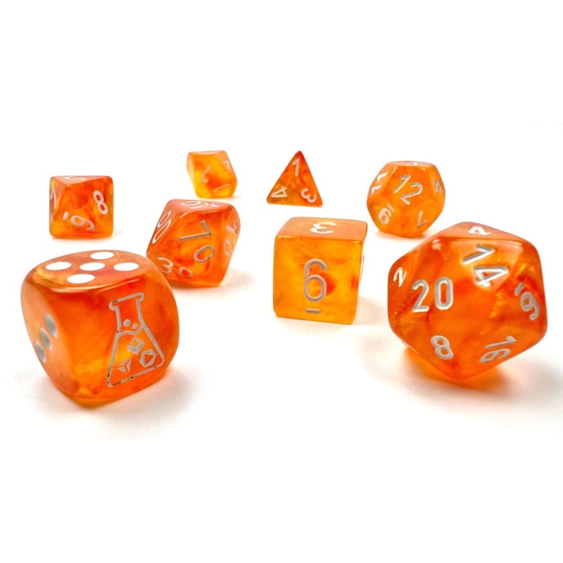 Chessex Dice: Lab Dice 6 Borealis: Poly Blood Orange/white Luminary 7-Die Set
