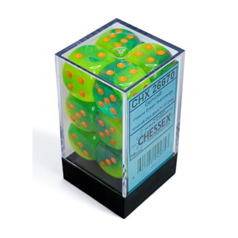 Chessex: Gemini: 16mm d6 Plasma Green-Teal/orange Luminary Dice Block (12 dice)