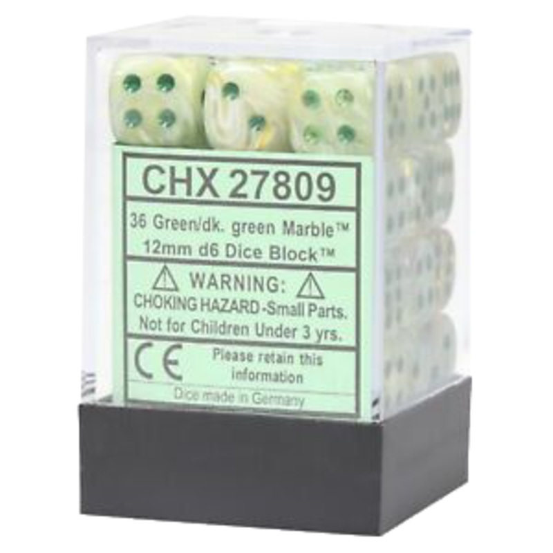 Chessex Dice: 12mm D6 Marble Green/Dark Green (36)
