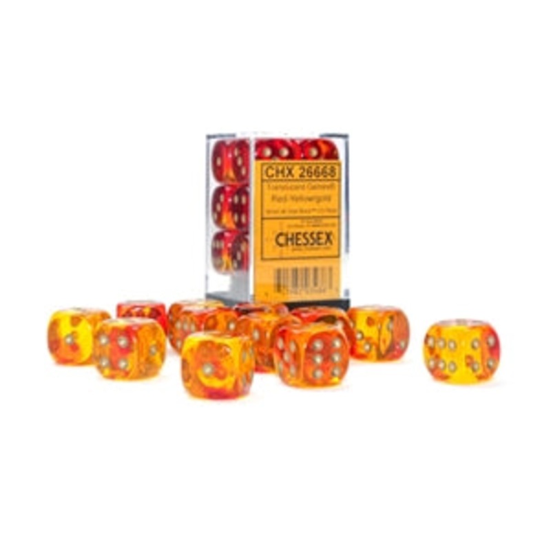Chessex Dice: Gemini: 16mm d6 Translucent Red-Yellow/gold Dice Block (12 dice)